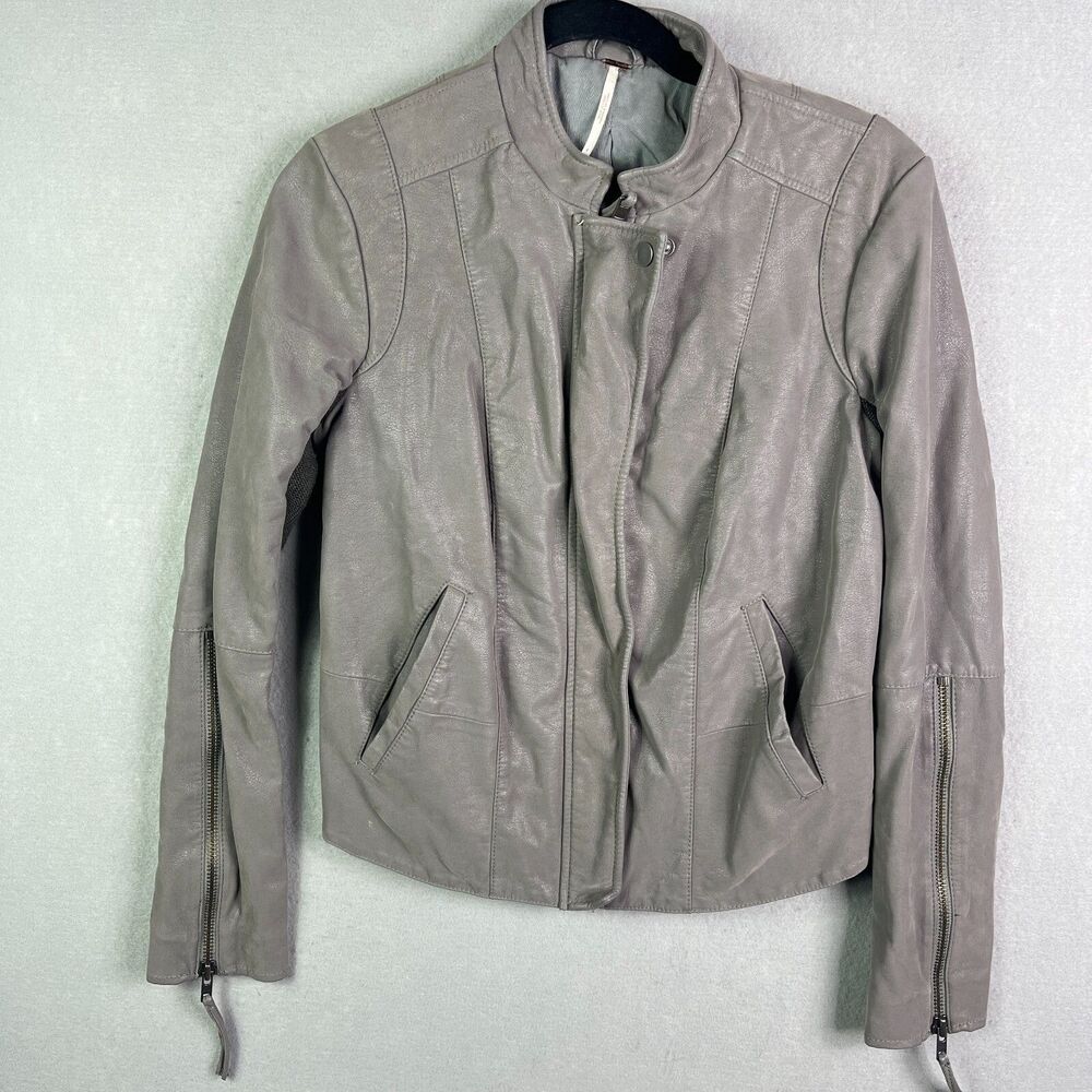 FREE PEOPLE  Faux Vegan Leather Moto Jacket 6 Gray Wool Blend Crop Zip Sleeves